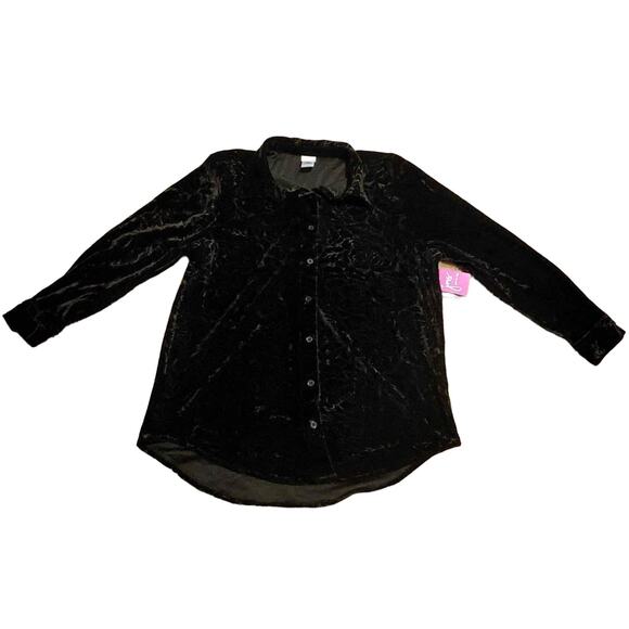 New Just My Size Top Womens 1X Plus Size Black Velvet Boyfriend EMB Rose Floral - Picture 1 of 10